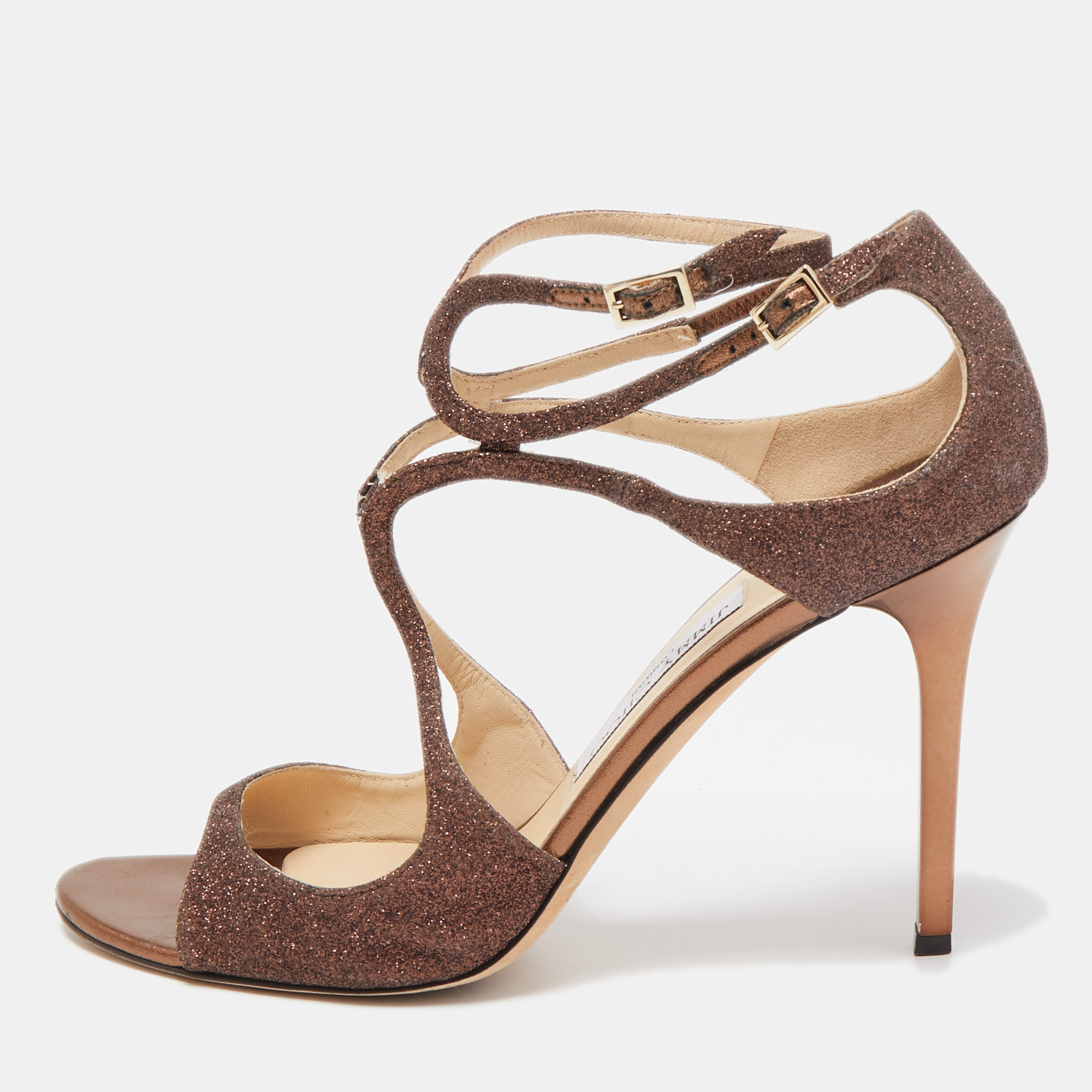 Jimmy Choo Metallic Brown Glitter Leather Lang Ankle Strap Sandals Size 41, Sandals - Luxury Closet