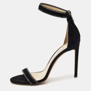 Jimmy Choo Black Suede Crystal Embellished Ankle Strap Sandals Size 39, Sandals - Luxury Closet