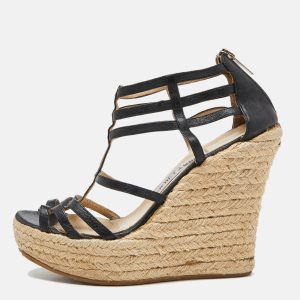 Jimmy Choo Black Leather Strappy Espadrille Wedge Sandals Size 37, Sandals - Luxury Closet
