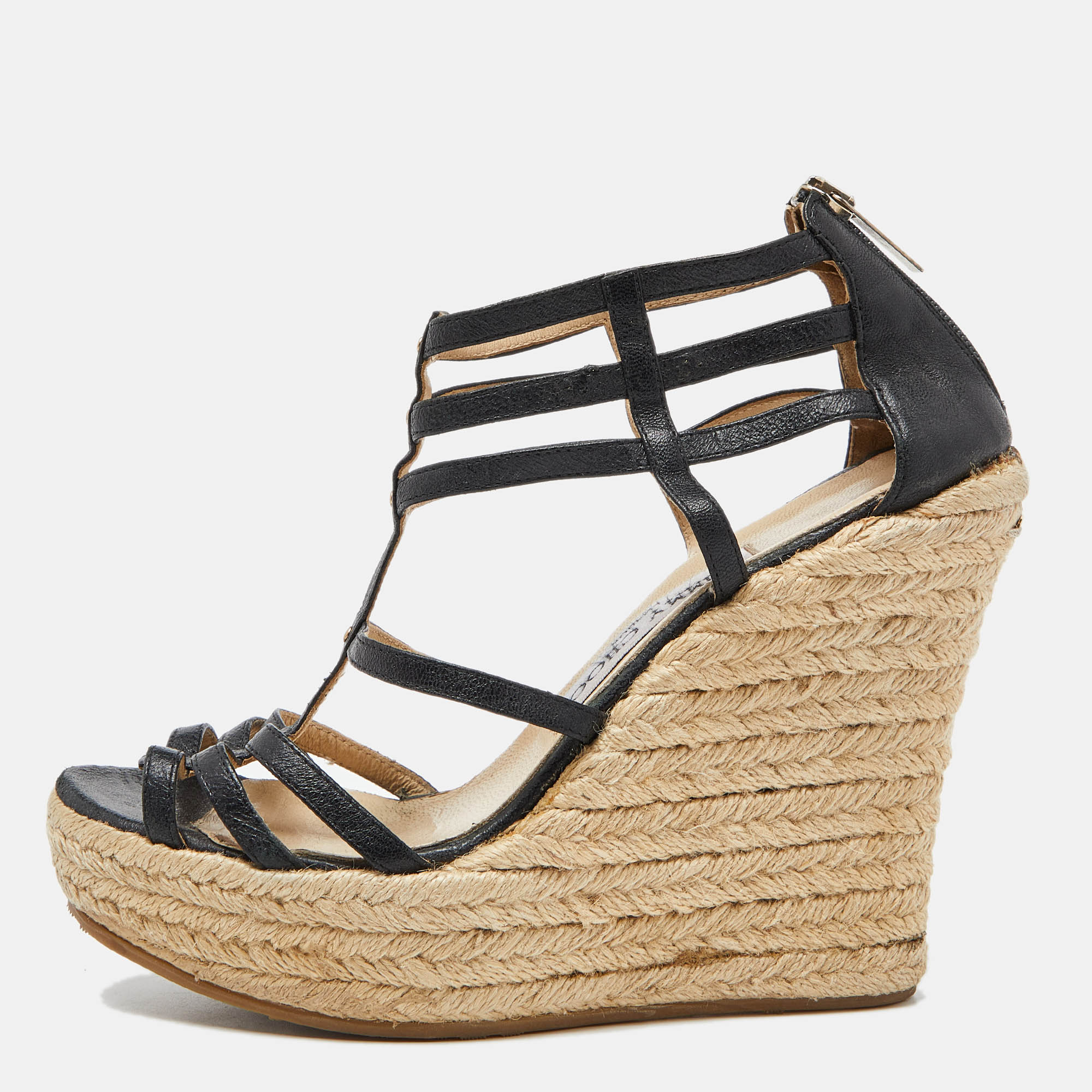 Jimmy Choo Black Leather Strappy Espadrille Wedge Sandals Size 37, Sandals - Luxury Closet