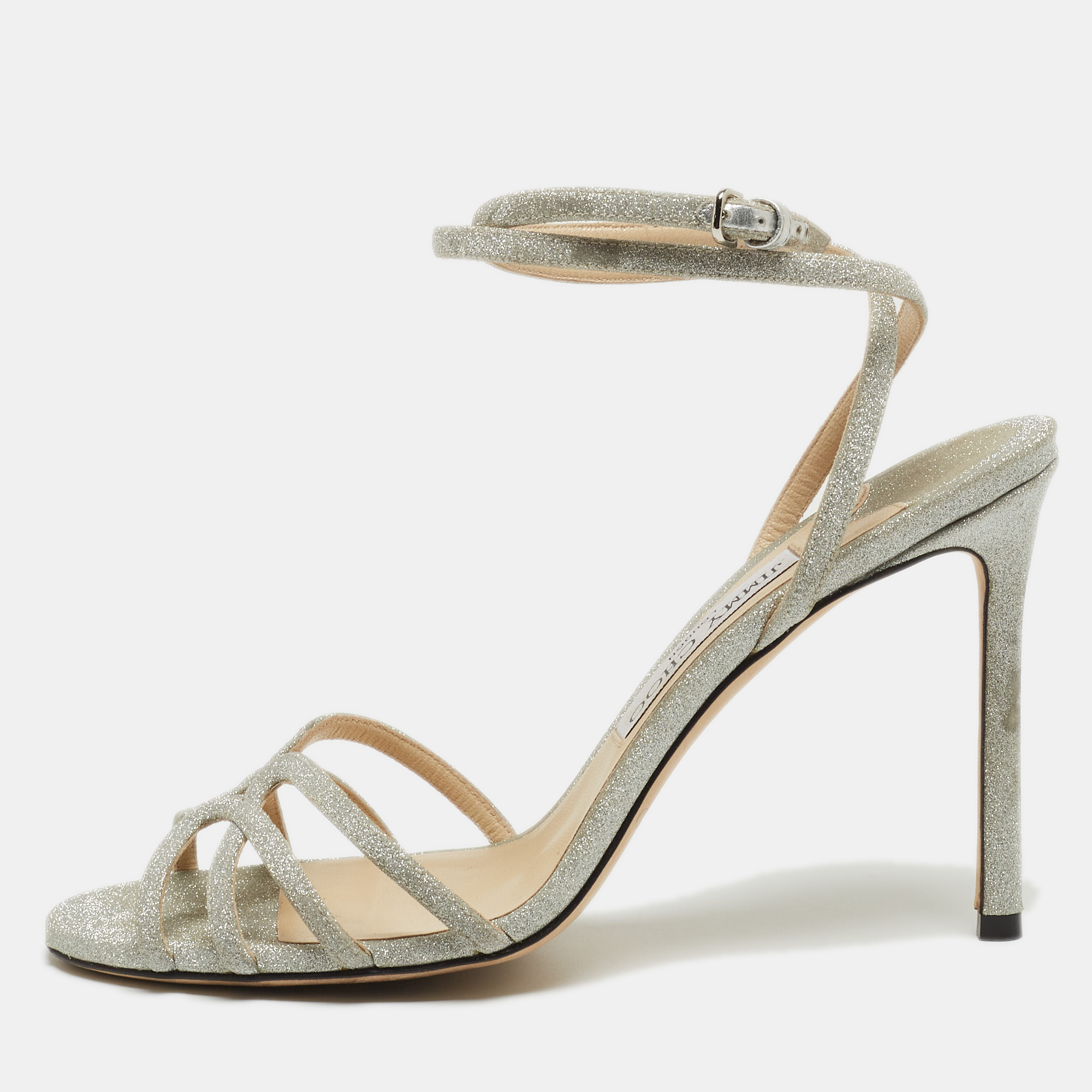 Jimmy Choo Silver Glitter Mime Ankle Wrap Sandals Size 39.5, Sandals - Luxury Closet