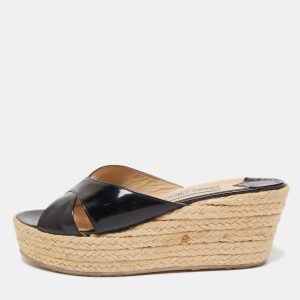 Jimmy Choo Black Patent Leather Phyllis Wedge Espadrille Platform Sandals Size 39, Sandals - Luxury Closet