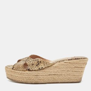 Jimmy Choo Beige/Brown Python Embossed Leather Phyllis Wedge Espadrille Slide Sandals Size 38, Sandals - Luxury Closet