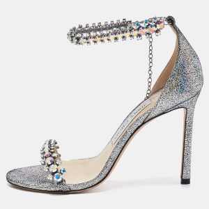 Jimmy Choo Multicolor Glitter Suede Shiloh Crystal Embellished Ankle Cuff Sandals Size 36, Sandals - Luxury Closet