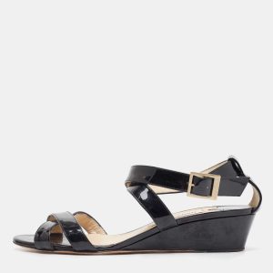 Jimmy Choo Black Patent Leather Chiara Crisscross Ankle Strap Wedge Sandals Size 39.5, Sandals - Luxury Closet