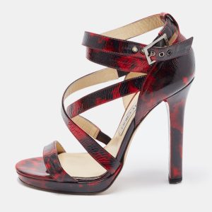 Jimmy Choo Red/Black Leather Criss Cross Ankle Strap Sandals Size 37.5, Sandals - Luxury Closet