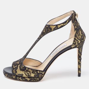 Jimmy Choo Black/Gold Lace and Leather Lana Sandals Size 41, Sandals - Luxury Closet