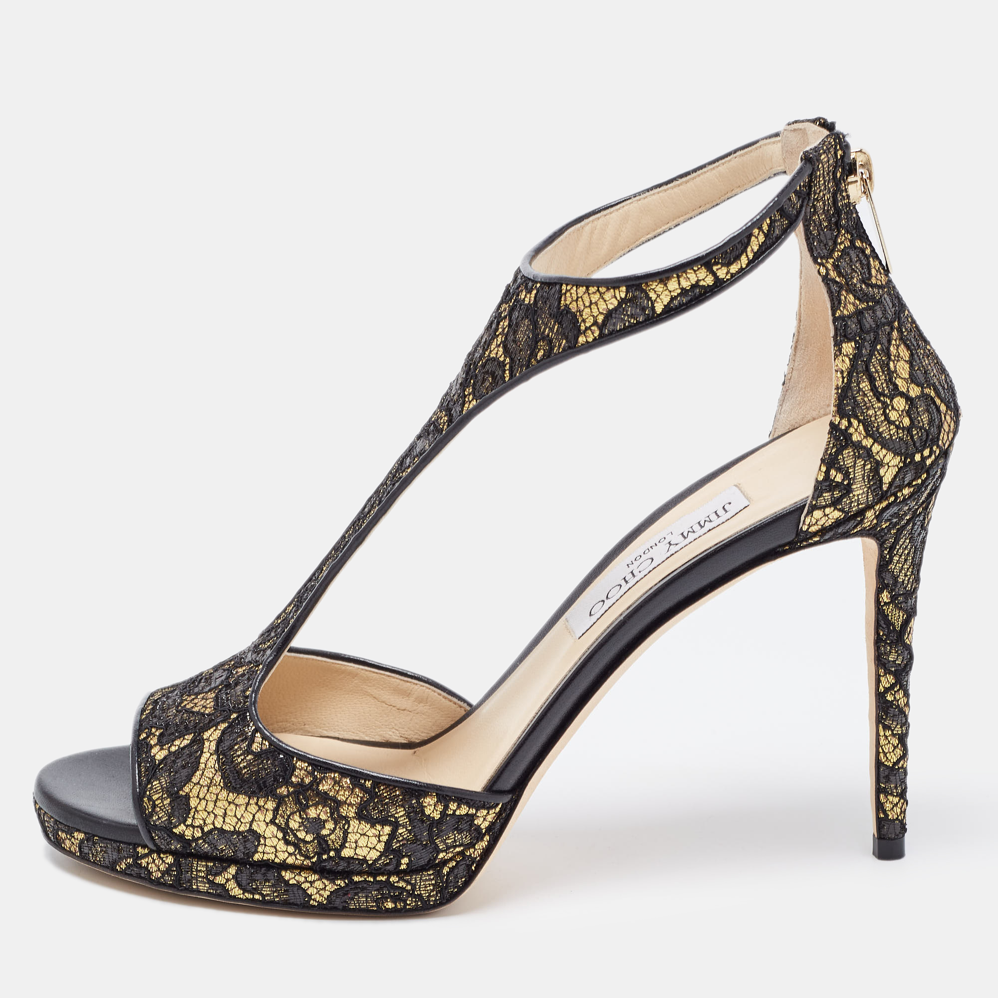 Jimmy Choo Black/Gold Lace and Leather Lana Sandals Size 41, Sandals - Luxury Closet