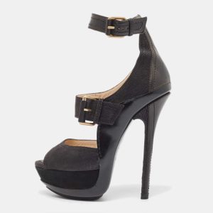 Jimmy Choo Black Nubuck Leather Ankle Strap Sandals Size 36.5, Sandals - Luxury Closet