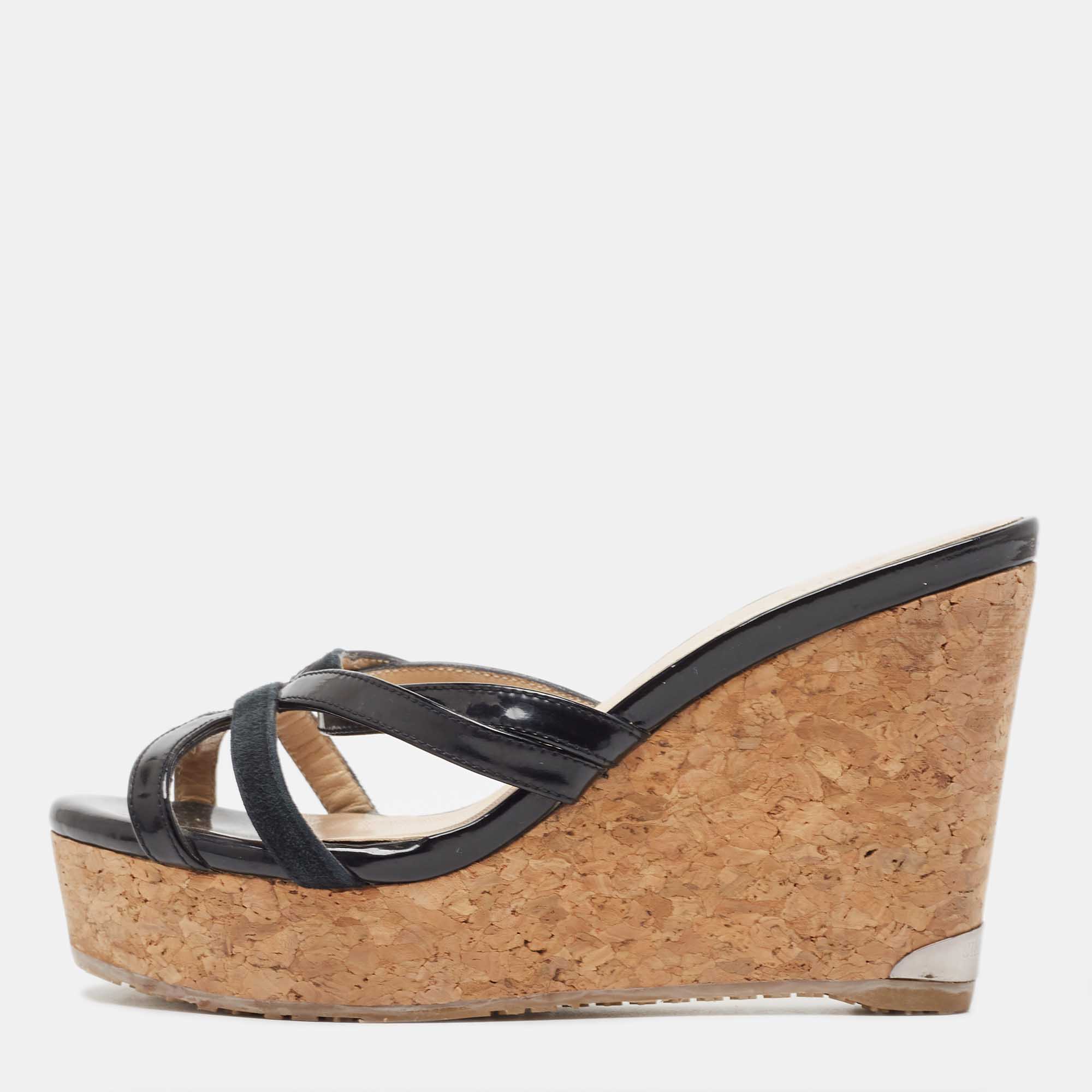 Jimmy Choo Black Leather and Suede Strappy Cork Wedge Slide Sandals Size 35.5, Sandals - Luxury Closet