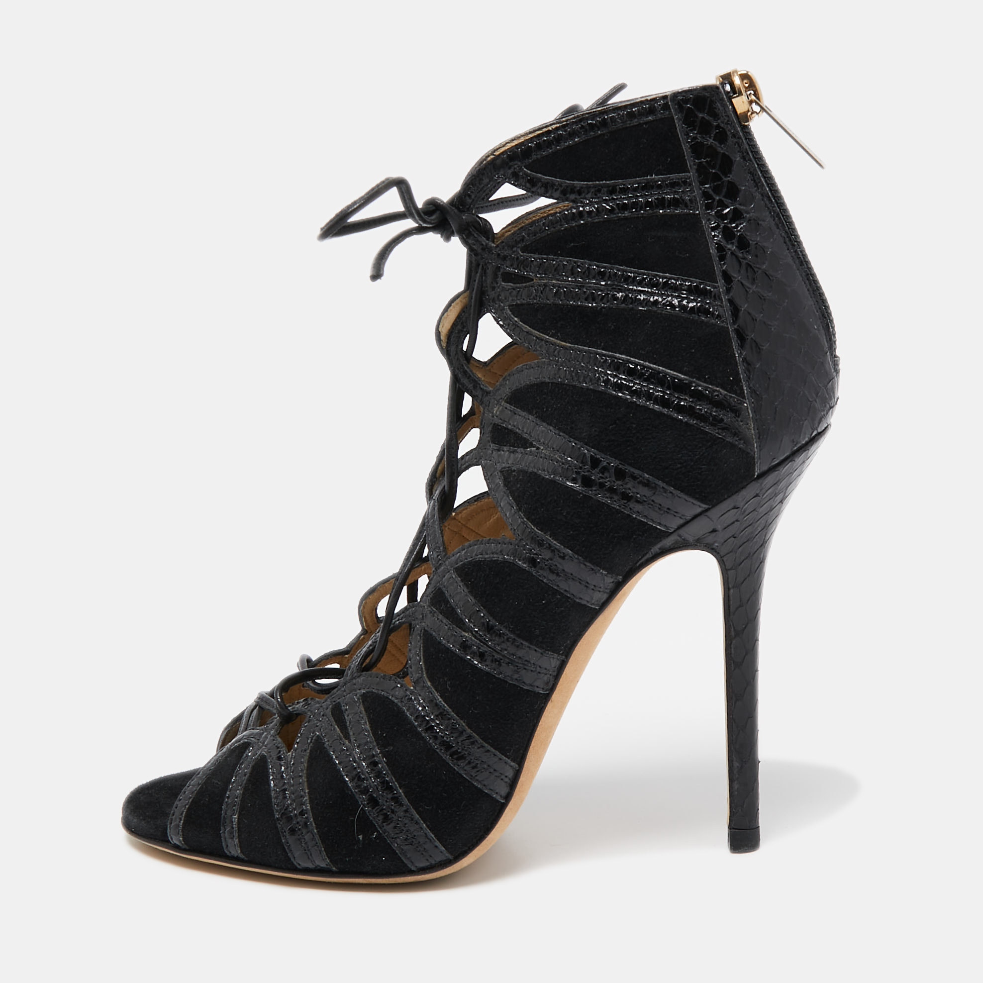 Jimmy Choo Black Python and Suede Lace Up Pumps 37, Sandals - Luxury Closet