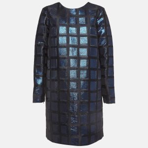 Kenzo Blue/Black Metallic Square Jacquard Long Sleeve Shift Dress L, Dresses - Luxury Closet catalog