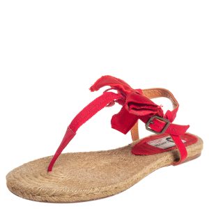 Lanvin Red Leather And Satin Bow Espadrille Thong Flat Sandals Size 39, Sandals - Luxury Closet