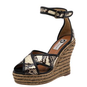 Lanvin Beige/Brown Python Embossed Leather Platform Wedge Sandals Size 37, Sandals - Luxury Closet