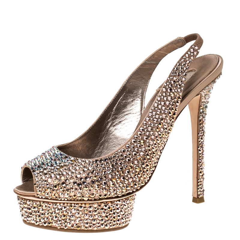 Le Silla Rose Gold Crystal Embellished Satin Limited Edition Peep Toe Platform Sandals Size 40, Sandals - Luxury Closet