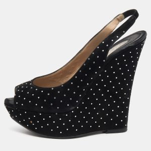 Le Silla Black Suede Crystal Embellished Wedge Platform Slingback Sandals Size 38, Sandals - Luxury Closet