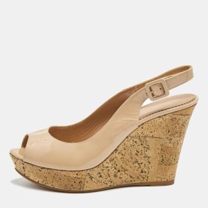 Le Silla Beige Patent Leather Cork Wedge Peep Toe Slingback Sandals Size 39, Sandals - Luxury Closet