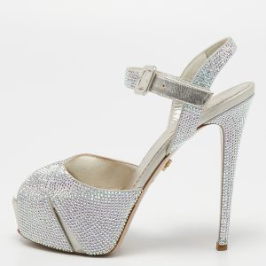 Le Silla Silver Crystal Embellished Cross Strap Platform Ankle Strap Sandals Size 37, Sandals - Luxury Closet