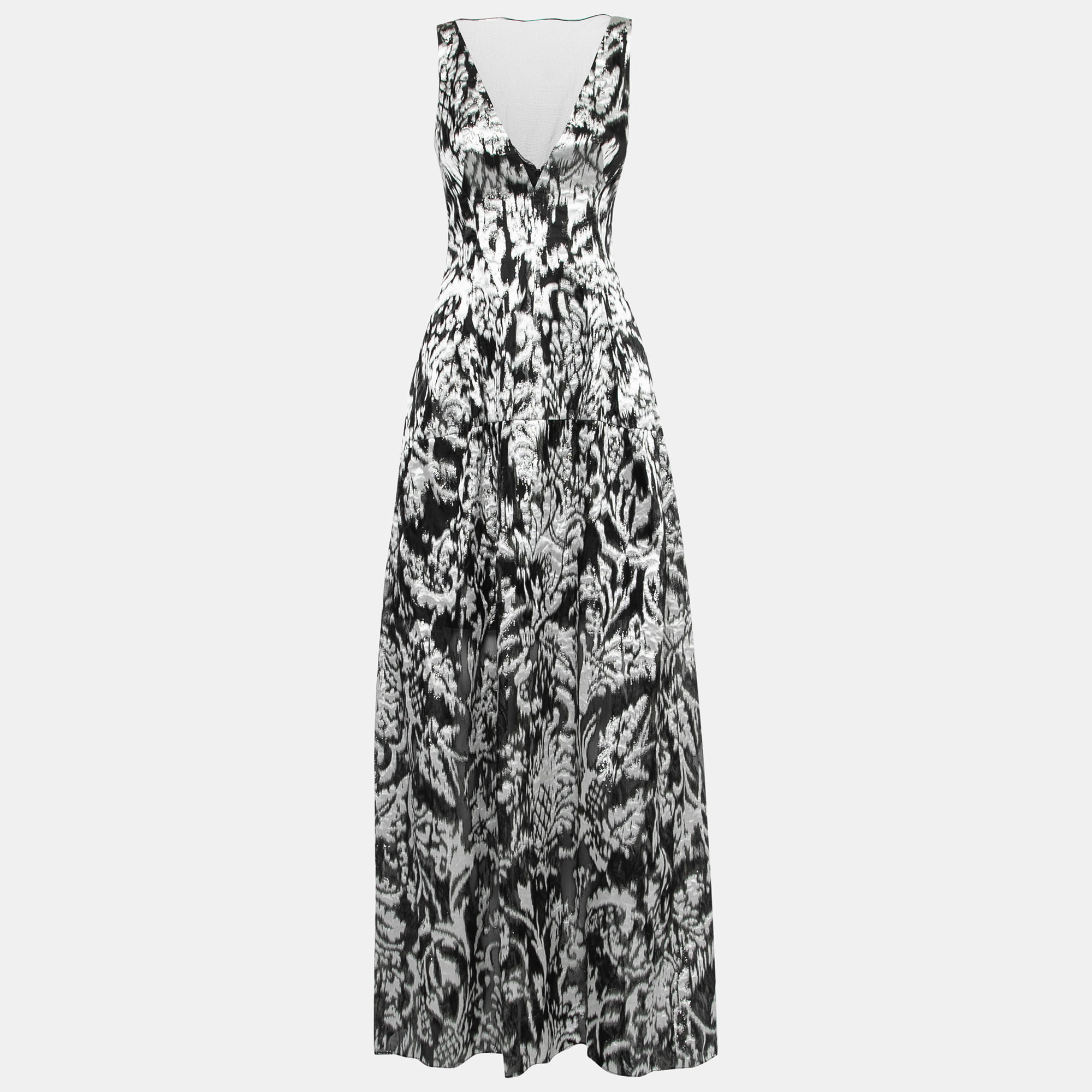Lela Rose Monochrome Lurex Ikat Patterned Jacquard Sheer Yoke Sleeveless Gown XS, Dresses - Luxury Closet