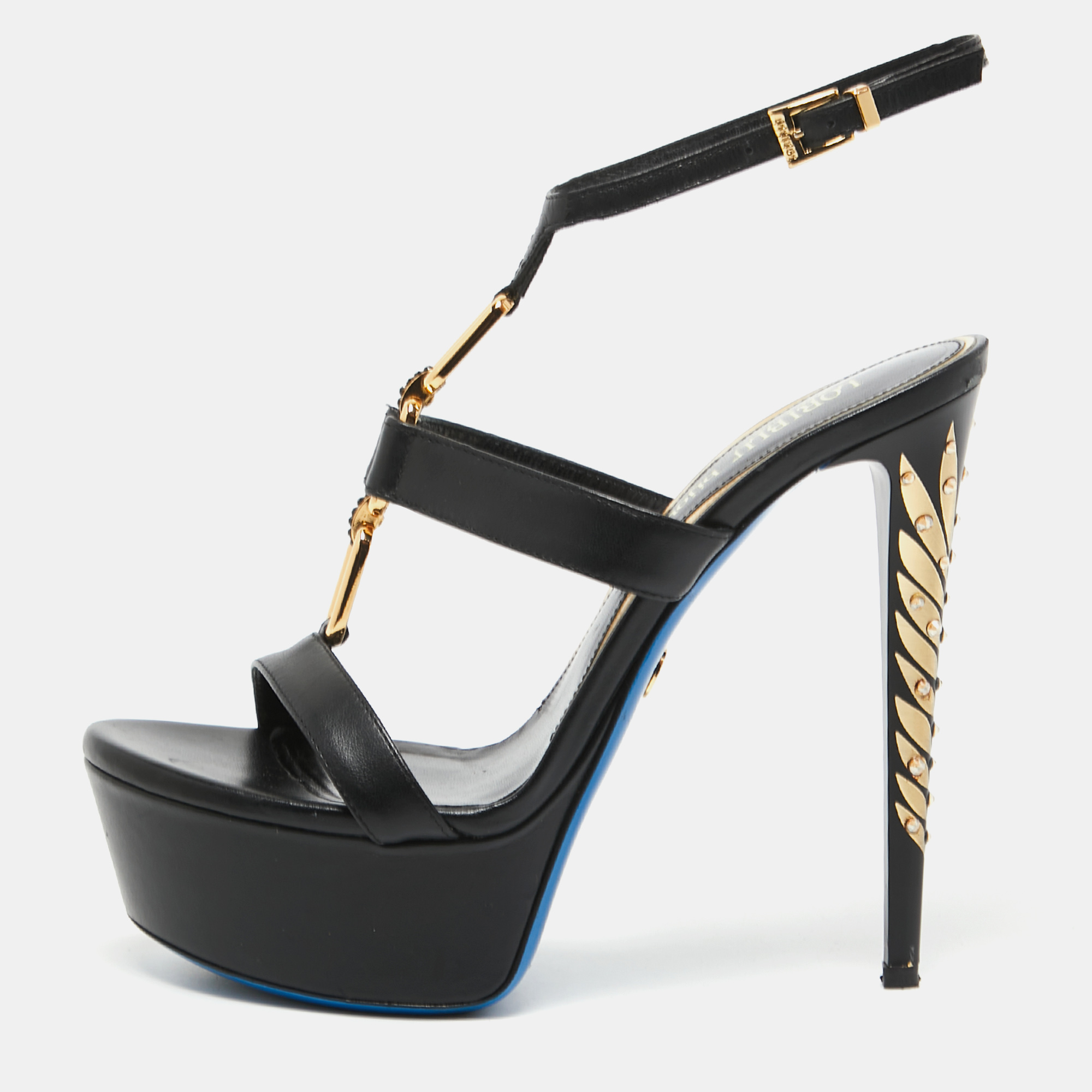 Loriblu Black Leather Chain T-Strap Platform Sandals Size 38.5, Sandals - Luxury Closet