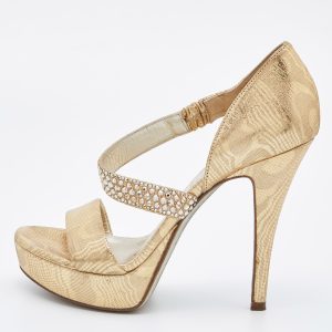 Loriblu Gold Lurex Fabric Crystal Embellished Open Toe Platform Sandals Size 36.5, Sandals - Luxury Closet