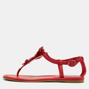 Loro Piana Red Leather Floral Applique Ankle Strap Flat Sandals Size 37, Sandals - Luxury Closet