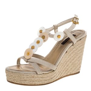Louis Vuitton Beige Canvas Medallion Leather Detail Espadrille Wedge Platform Sandals Size 37, Sandals - Luxury Closet