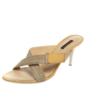 Louis Vuitton White Leather And Canvas Logo Strappy Mule Sandals Size 39.5, Sandals - Luxury Closet