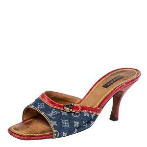 Louis Vuitton Blue/Red Monogram Denim And Leather Sandals Size 38.5, Sandals - Luxury Closet