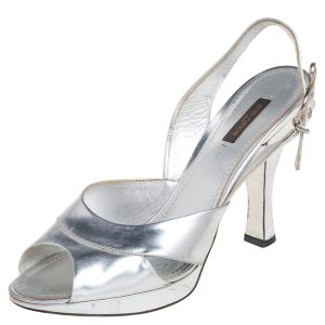 Louis Vuitton Silver Leather Peep Toe Slingback Sandals Size 41, Sandals - Luxury Closet