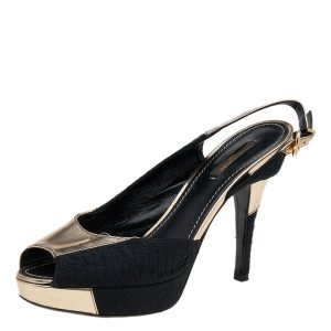 Louis Vuitton Black/Gold Satin And Leather Motard Piccadilly Slingback Sandals Size 38, Sandals - Luxury Closet