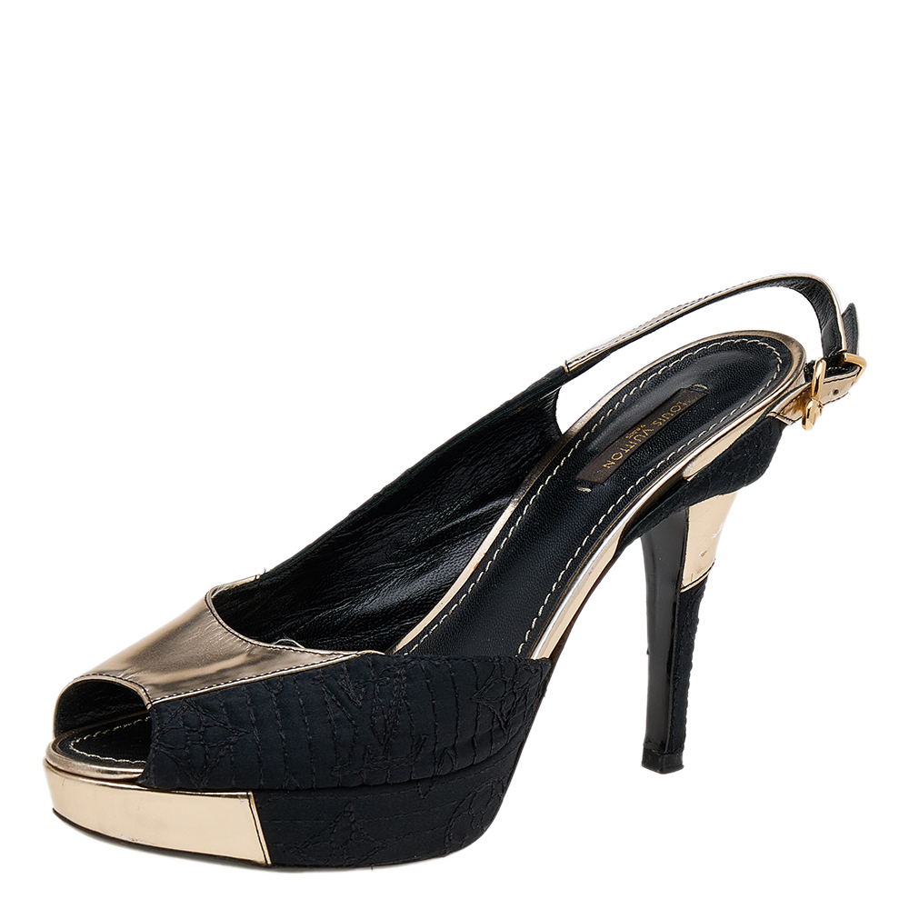 Louis Vuitton Black/Gold Satin And Leather Motard Piccadilly Slingback Sandals Size 38, Sandals - Luxury Closet