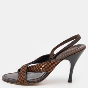 Louis Vuitton Brown Damier Ebene Calf Hair and Leather Slingback Sandals Size 38, Sandals - Luxury Closet