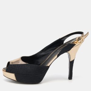 Louis Vuitton Black/Gold Leather And Fabric Ankle Strap Platform Sandals Size 37.5, Sandals - Luxury Closet