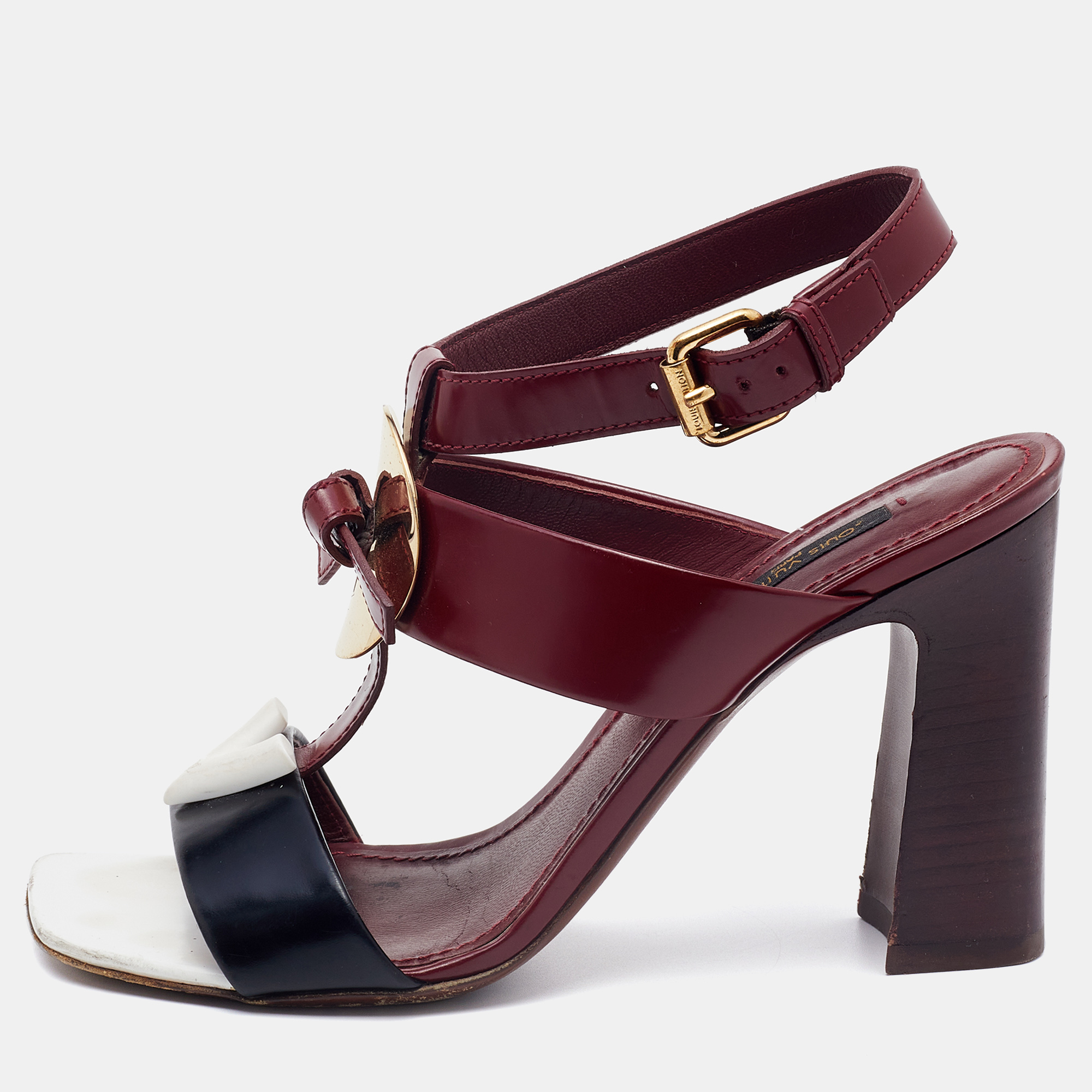 Louis Vuitton Burgundy/Black Leather Ankle Strap Sandals Size 37, Sandals - Luxury Closet