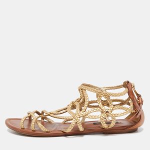 Louis Vuitton Gold Braided Leather Strappy Flat Sandals Size 37, Sandals - Luxury Closet