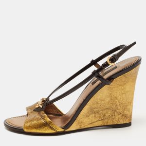 Louis Vuitton Metallic/Brown Leather and Patent Slingback Wedge Sandals Size 37, Sandals - Luxury Closet