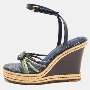 Louis Vuitton Navy Blue/Green Snakeskin and Patent Leather Wedge Strappy Sandals Size 37, Sandals - Luxury Closet