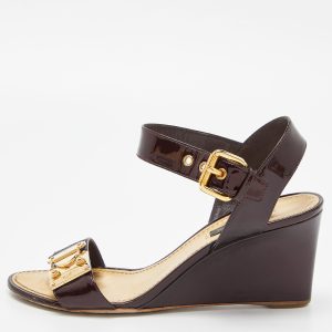 Louis Vuitton Burgundy Patent Leather Wedge Ankle Strap Sandals Size 37, Sandals - Luxury Closet