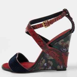 Louis Vuitton Dark Red/Navy Blue Snakeskin and Velvet Cross Ankle Strap Wedge Sandals Size 38, Sandals - Luxury Closet