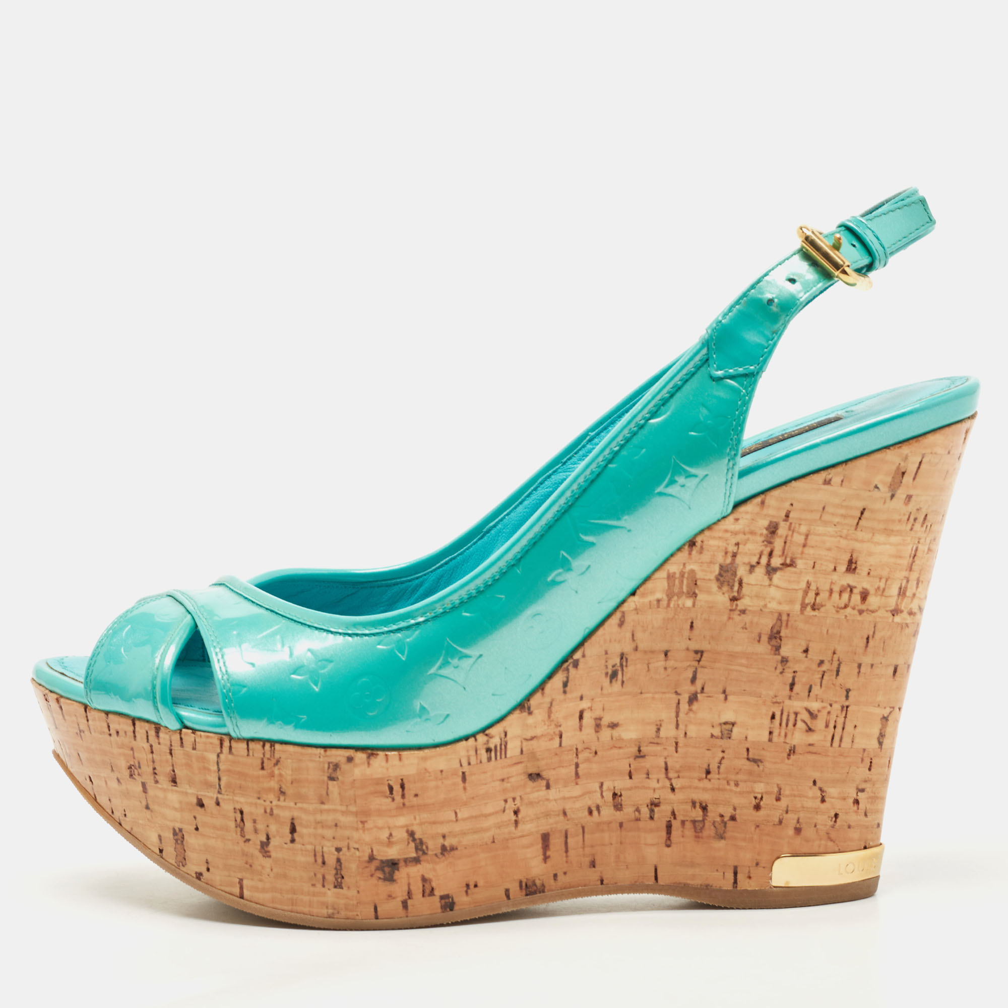 Louis Vuitton Turquoise Monogram Embossed Patent Leather Cork Wedge Slingback Sandals Size 37.5, Sandals - Luxury Closet