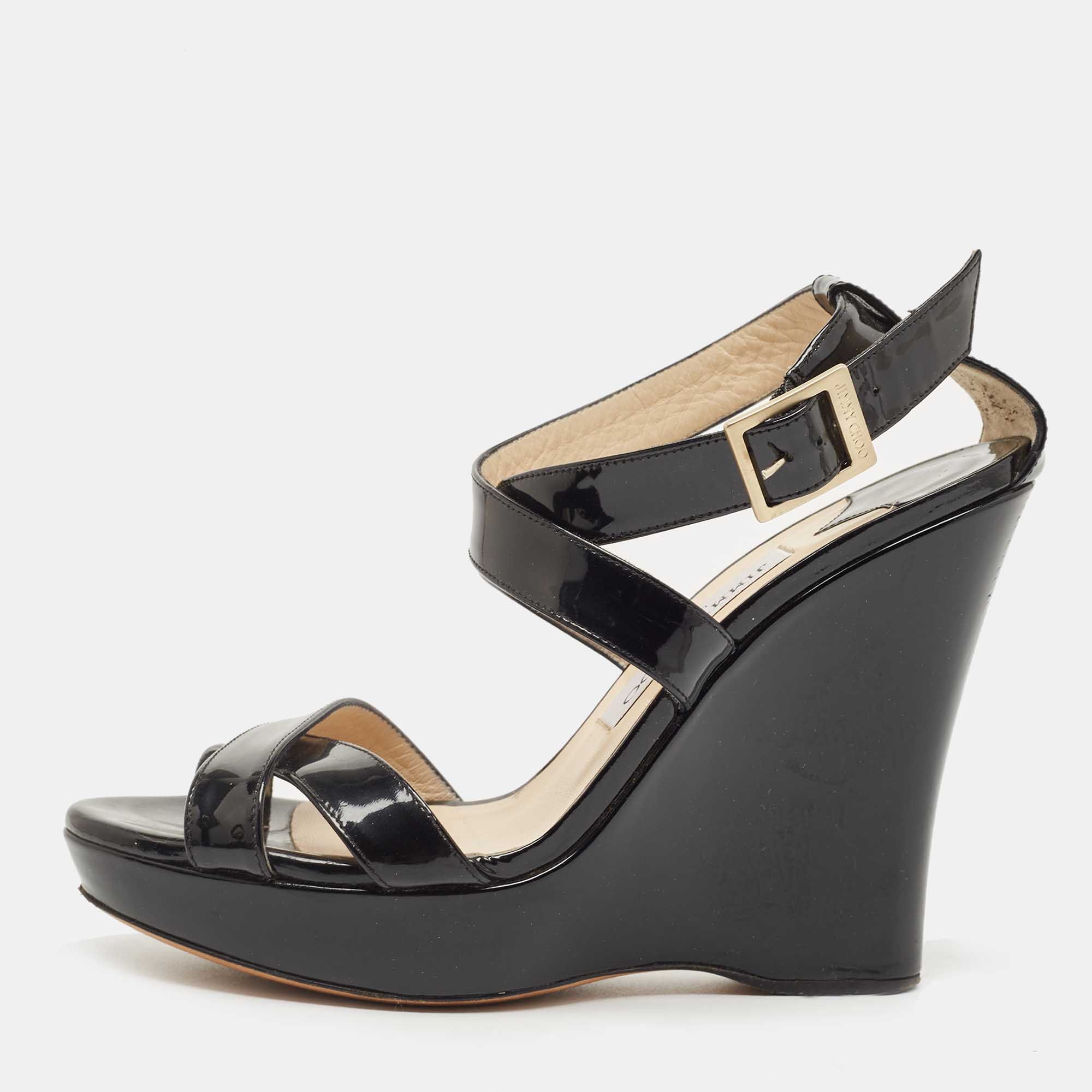 Jimmy Choo Black Patent Leather Wedge Platform Ankle Wrap Sandals Size 38.5, Sandals - Luxury Closet