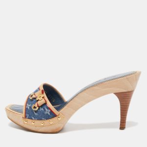 Louis Vuitton Blue/Beige Monogram Denim And Leather Bow Detail Slides Sandals Size 37, Sandals - Luxury Closet