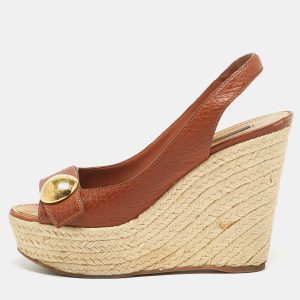 Louis Vuitton Brown Leather Wedge Platform Espadrille Slingback Sandals Size 39.5, Sandals - Luxury Closet