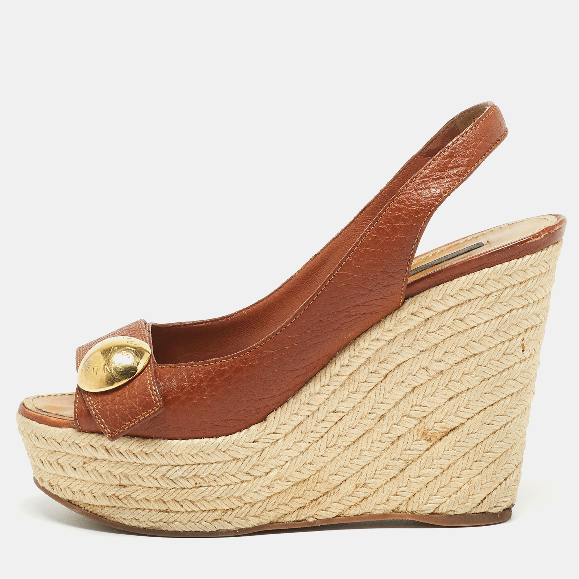 Louis Vuitton Brown Leather Wedge Platform Espadrille Slingback Sandals Size 39.5, Sandals - Luxury Closet