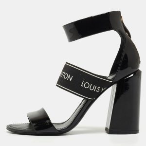 Louis Vuitton Black Patent Leather and Logo Elastic Ankle Strap Sandals Size 37.5, Sandals - Luxury Closet