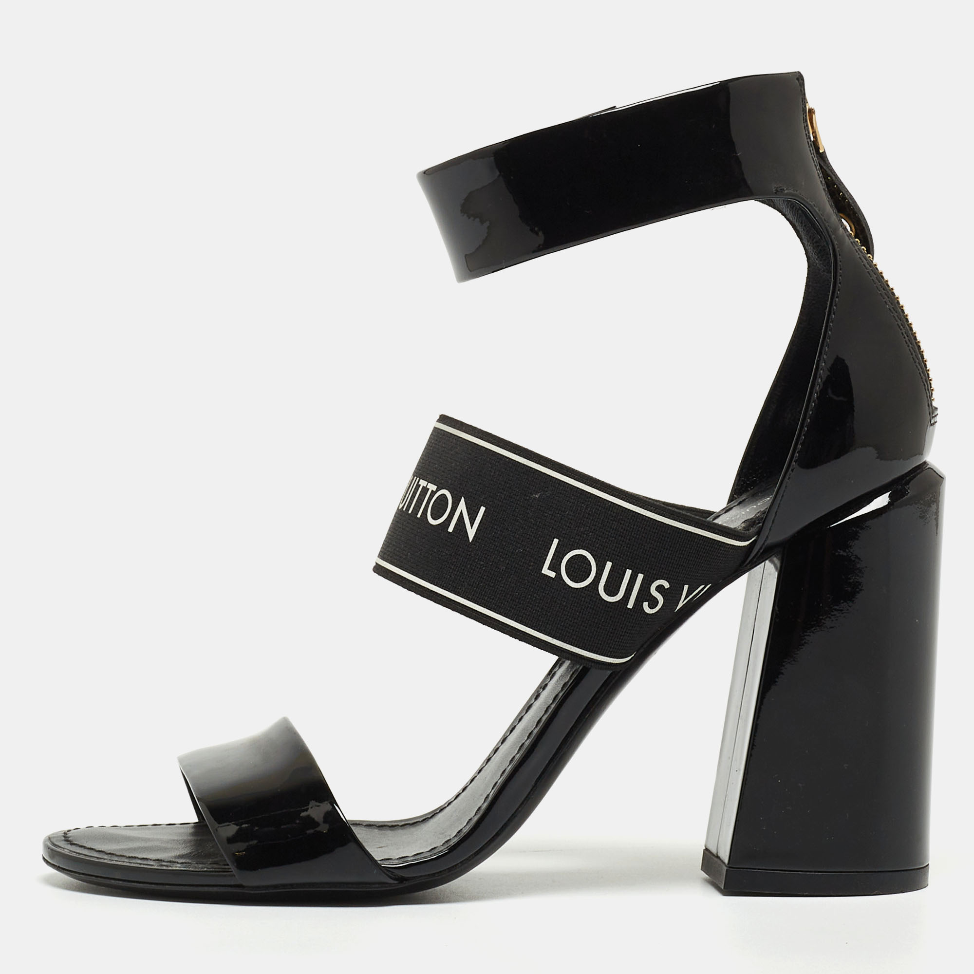 Louis Vuitton Black Patent Leather and Logo Elastic Ankle Strap Sandals Size 37.5, Sandals - Luxury Closet