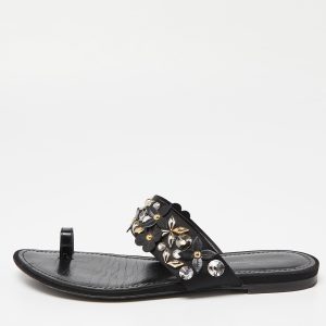 Louis Vuitton Black Satin Embellished Flat Slides Size 37.5, Sandals - Luxury Closet