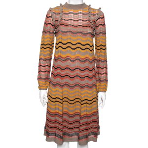 M Missoni Multicolor Wave Perforated Pattern Knit Ruffle Detailed Midi Dress S, Dresses - Luxury Closet