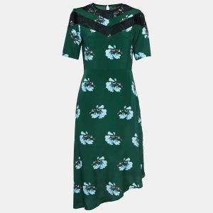 Maje Green Floral Print Lace Trim Satin Asymmetric Midi Dress M, Dresses - Luxury Closet catalog